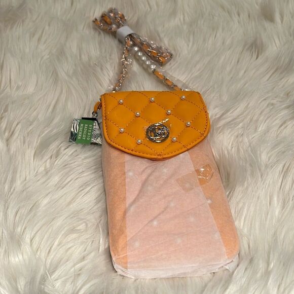 NWT Badgley Mischka Crossbody Phone Case with Diamond Quilting and Pearls Yellow - Picture 2 of 4